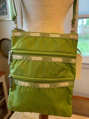 LeSportsac Lime Green Triple Zip Crossbody  Bag Vintage Made in USA